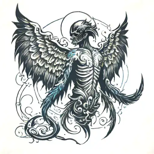 A back tattoo with black, bleeding demon wings and feathers falling down  tattoo design idea