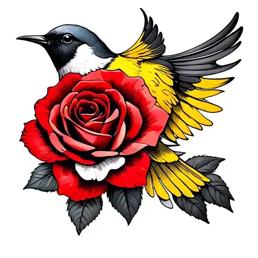 American traditional swallow bird tattoo with a rose, bold lines, vibrant red and yellow colors, on the chest. tattoo design idea