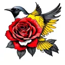 American traditional swallow bird tattoo with a rose, bold lines, vibrant red and yellow colors, on the chest. tattoo design idea