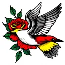 American traditional swallow bird tattoo with a rose, bold lines, vibrant red and yellow colors, on the chest. tattoo design idea