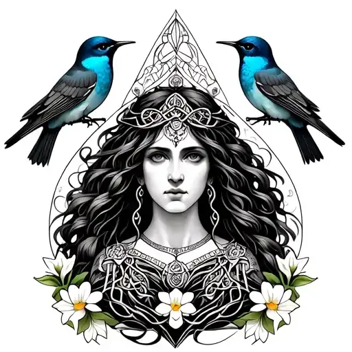 Celtic Goddess, Rhiannon. Surrounded by flying songbirds at the bottom, gates and daffodils tattoo design idea
