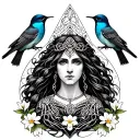 Celtic Goddess, Rhiannon. Surrounded by flying songbirds at the bottom, gates and daffodils tattoo design idea