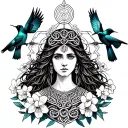 Celtic Goddess, Rhiannon. Surrounded by flying songbirds at the bottom, gates and daffodils tattoo design idea