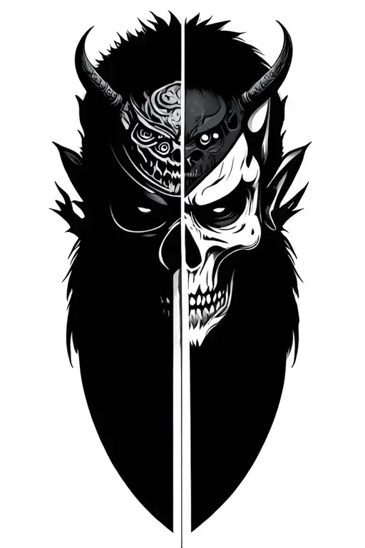 samurai holding sword splitting face in two, one half wearing an oni mask, the other half a skull tattoo design idea