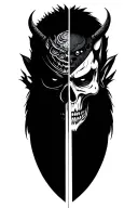 samurai holding sword splitting face in two, one half wearing an oni mask, the other half a skull tattoo design idea