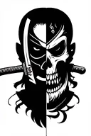 samurai holding sword splitting face in two, one half wearing an oni mask, the other half a skull tattoo design idea