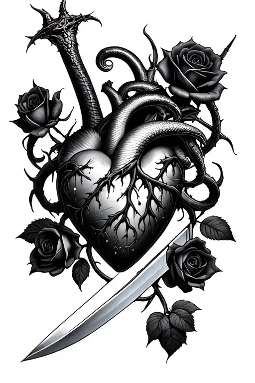 Black Mamba with a dagger piercing a realistic bleeding human heart ensnared by black roses with thorns. tattoo design idea