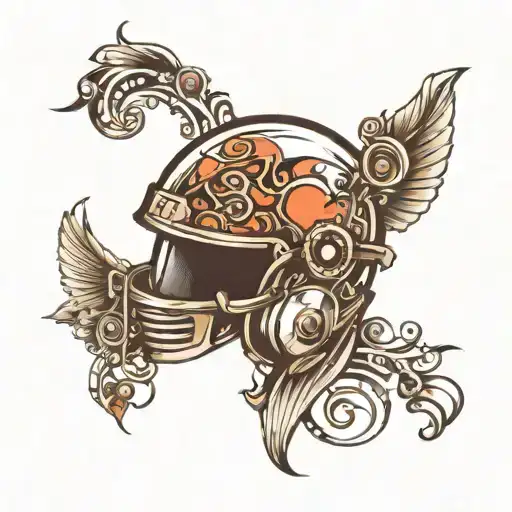 Incorporate a racing helmet with musical symbols in a dynamic tattoo design representing the client's love for both car  tattoo design idea