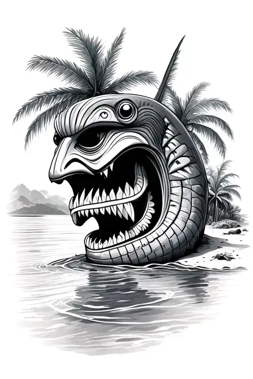 tiki eel beach scene with palm tattoo design idea