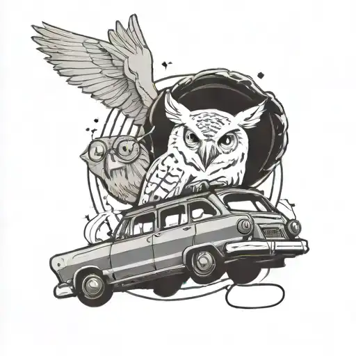 hedwig, dobby, sorting hat, flying car tattoo design idea