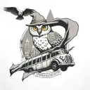 hedwig, dobby, sorting hat, flying car tattoo design idea