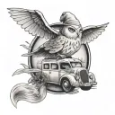 hedwig, dobby, sorting hat, flying car tattoo design idea