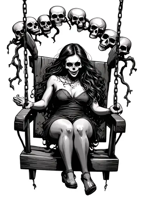 scary girl on a swing with skulls tattoo design idea