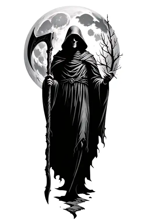 cyber sigilism grim reaper looking at the moon from the woods holding a scythe tattoo design idea