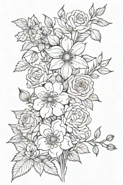 Bouquet of flowers of Purple GeraniumLarkspur Forget-Me-Not Sunflower Honeysuckle Camellia Pink Rose Narcissus tattoo design idea