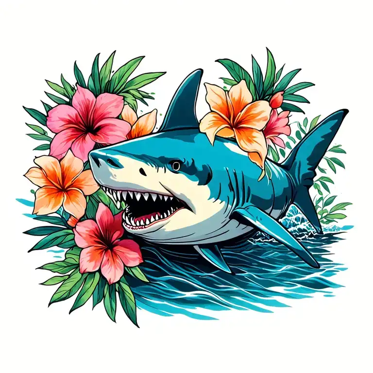 Hawaiian flowers with great white shark. tattoo design idea