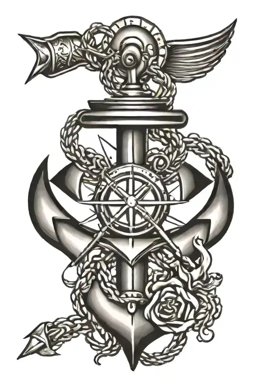black and grey tattoo with anchor, sun. and torch intertwined tattoo design idea