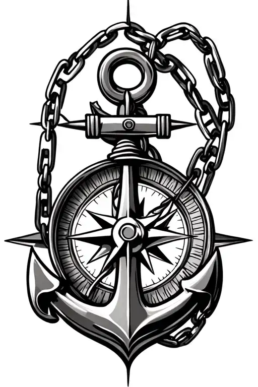 an anchor with chain wrapping around the arm and the anchor has one hook lodged in a compass tattoo design idea