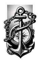 an anchor with chain wrapping around the arm and the anchor has one hook lodged in a compass tattoo design idea