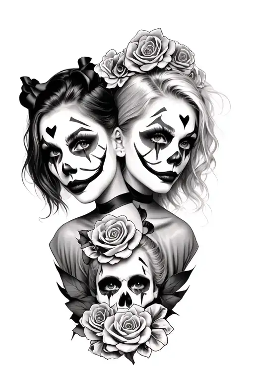 two girls with clown face paint with gambling themed tattoo with skulls and roses tattoo design idea
