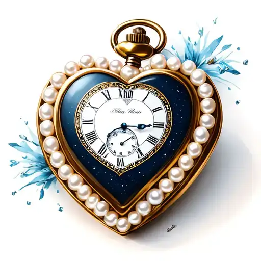 A heart-shaped pocket watch with a white pearl border, pointing to midnight. tattoo design idea