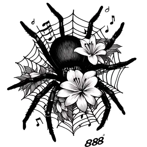 spider on spider web with 888 angel number with spider lily's and music notes on forearm tattoo design idea