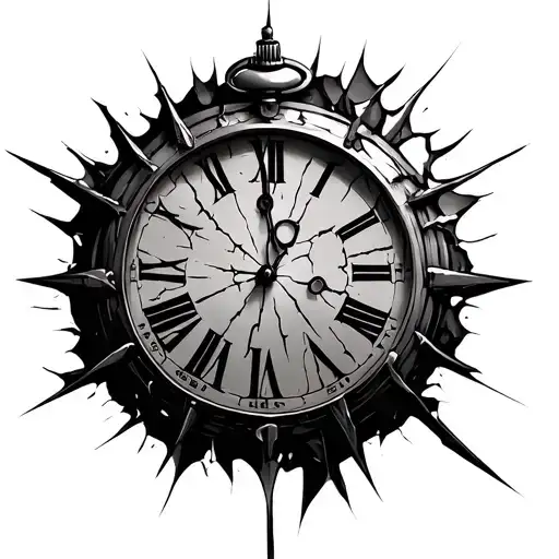 "Black and grey tattoo design of a cracked, broken pocket-watch face with large Roman numerals. The clock appears shatte tattoo design idea