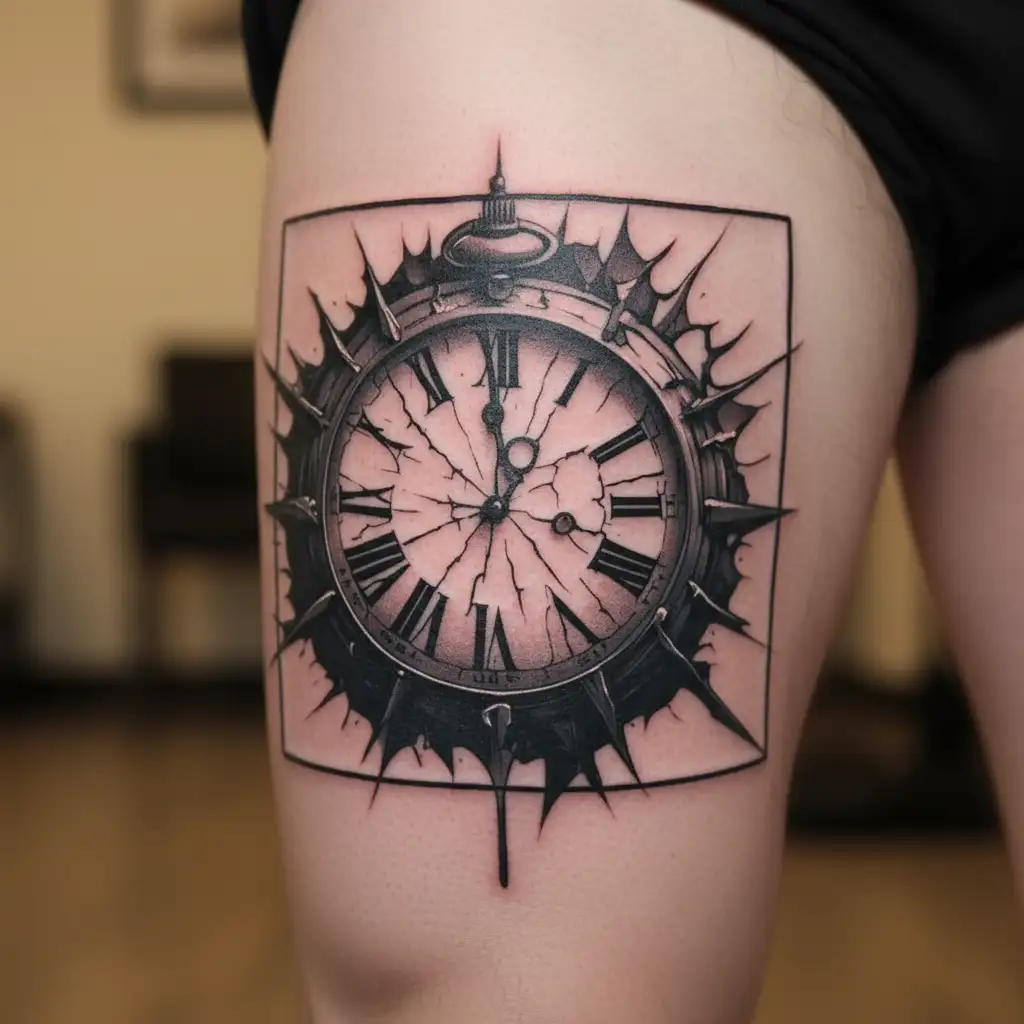 "Black and grey tattoo design of a cracked, broken pocket-watch face with large Roman numerals. The clock appears shatte tattoo design idea