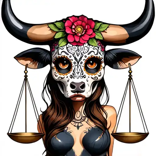 woman body bull with sugar skull markings, brown eyes, brown hair and two Libra scales and dark background tattoo design idea