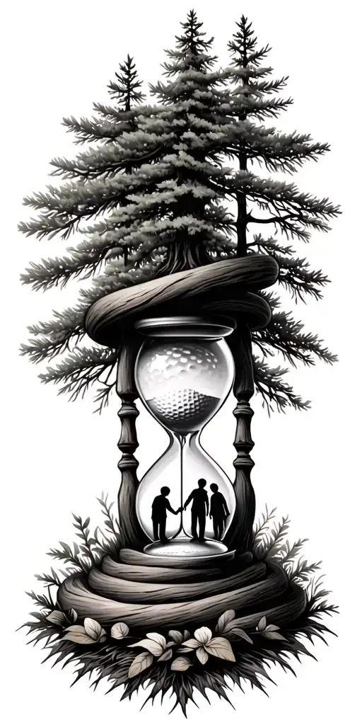 Pine forest wrap around and family tree and hour glass father with 3 kids and golf tattoo design idea