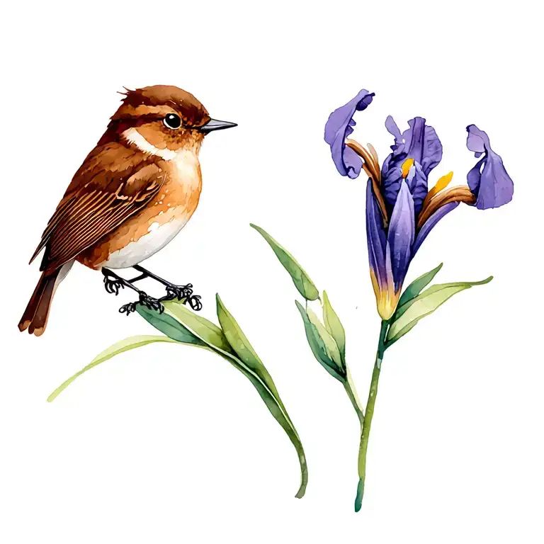 brown wren and purple iris flower tattoo design idea