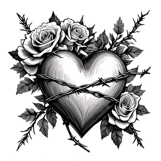 A heart with barbed wire wrapped around it, surrounded by a wreath of roses in a black-grey style tattoo design idea