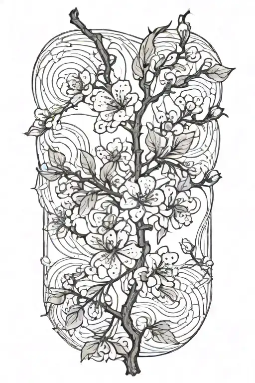 thin narrow black and white masculine cherry branch tattoo with minimal blossoms   tattoo design idea