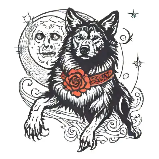 Incorporate a traditional style wolf howling at the moon while performing a danza ritual tattoo design idea