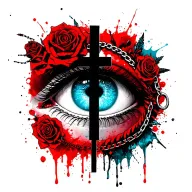 "Remember your eyes" is a black cross, on it the eyes are light blue, inside the iris and pupils of the eye of the "rose of the winds". Jewelry: skulls, roses, chains tattoo design idea