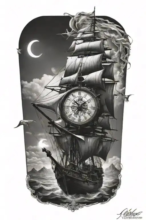 pirate ship / compass / clock / phoenix / rope / stars / earth / moon tattoo design idea