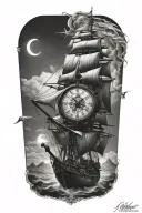 pirate ship / compass / clock / phoenix / rope / stars / earth / moon tattoo design idea