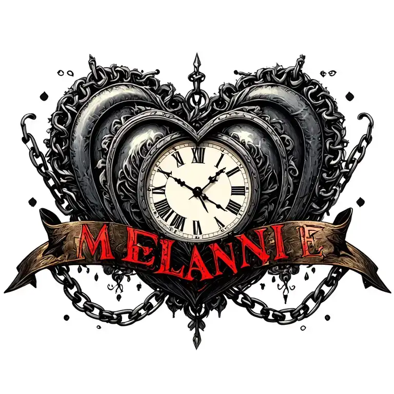 "Mélanie" clock Coeur chain tattoo design idea