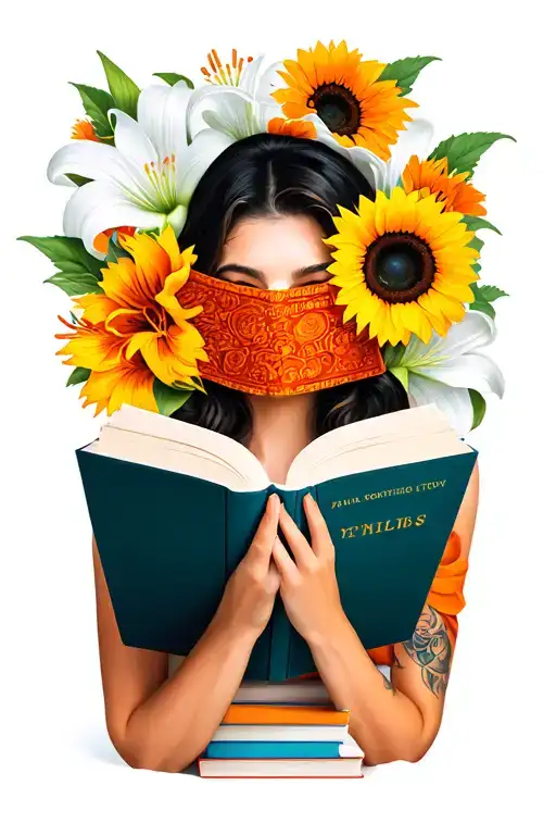 woman with face concealed by book she's reading. whimsical. sunflowers. white and orange lilies. book stacks next to her tattoo design idea