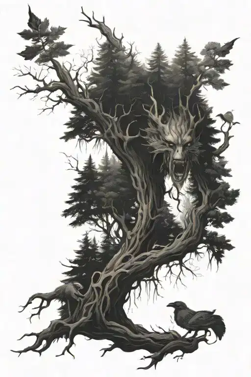 scary and dark forest tattoo design idea