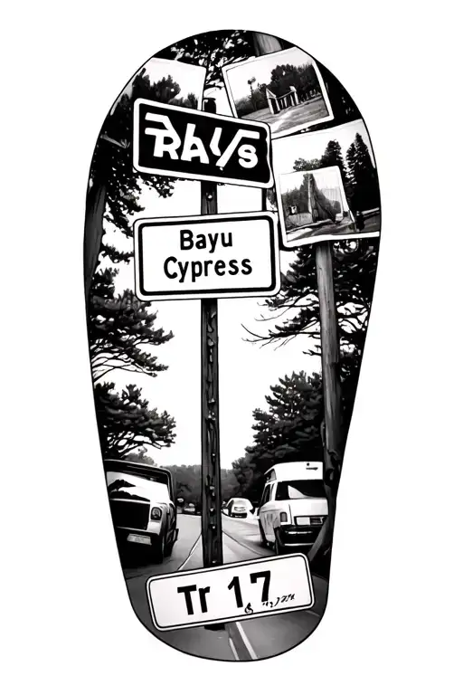 Upper arm sleeve tattoo with Polaroid pictures of bayou cypress tr. With street sign. With route 127 highway sign. With  tattoo design idea