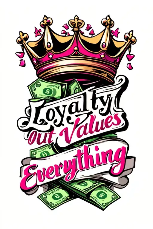 "Loyalty Out Values Everything " money symbols and pink crowns symbolizing royalty and leadership tattoo design idea