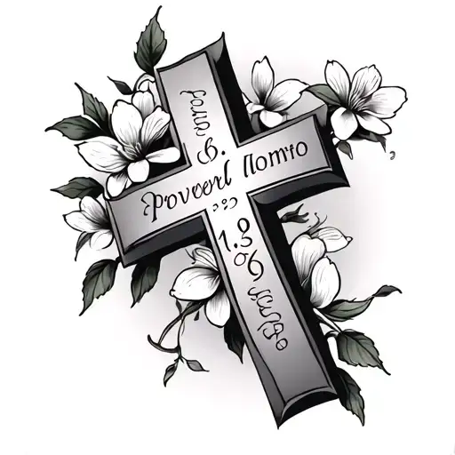 Cross tattoo with cherry blossoms and word "proverb 16:9" tattoo design idea