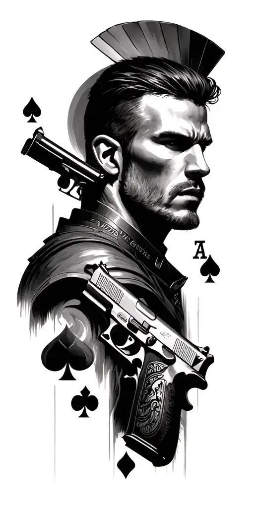 Top from Inception, a spartan from 300, a glock 45, an ace of spades and a jack of spades tattoo design idea