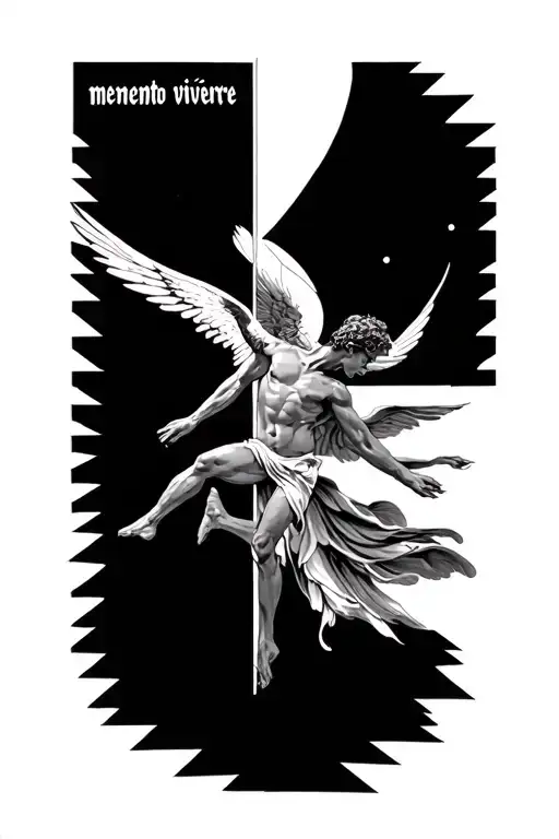 Icarus falling to the ground with geometric lines in the background and a text vertically "memento viviere" on the side tattoo design idea
