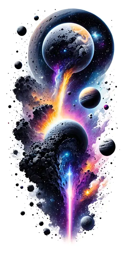 outer space black and grey craters and galaxies with black and grey and purple and colorful comets, stars, all planets  tattoo design idea