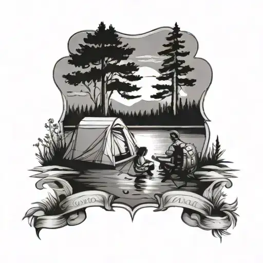 dad daughter camping lake scene tattoo design idea