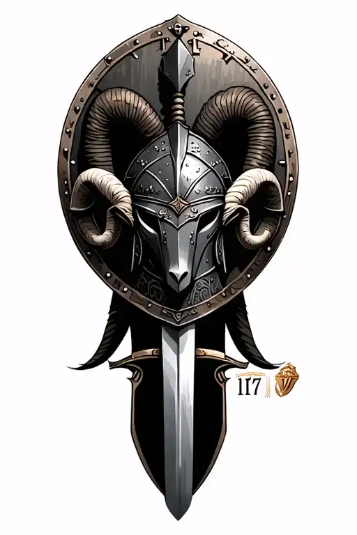 gladiator helmet, sword, armour, colloseum, shield with ram on it, Roman numerals 17, tattoo design idea