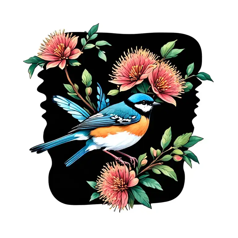 fairy wren bird on banksia flower bouquet tattoo design idea