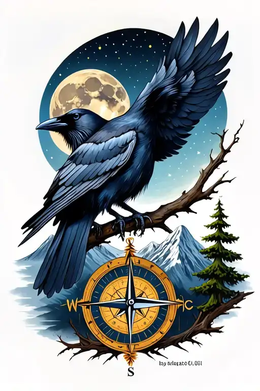 raven perched on branches with the moon above it and a compass under along with a mountain and tree background  tattoo design idea